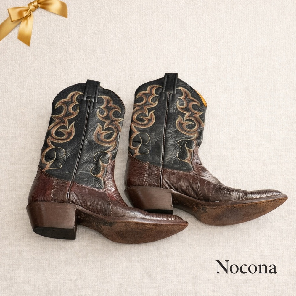 Nocona Western Cowboy Boots Brown Black Embroidered 5B Vintage
